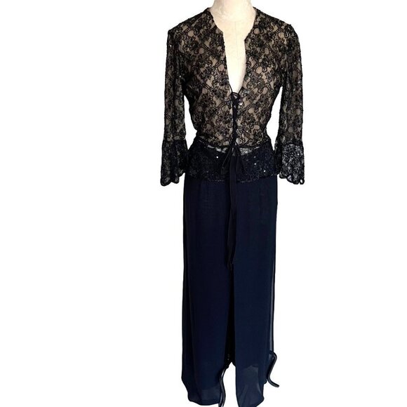 Cache Pants - Cache Womens Lace Corset Top Pants Set Size Medium Vintage 90s Rayon Nylon Black